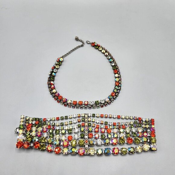 Rainbow Rhinestone Bracelet & Choker Aurora Borealis Silver Tone Brilliant Set - Picture 1 of 13